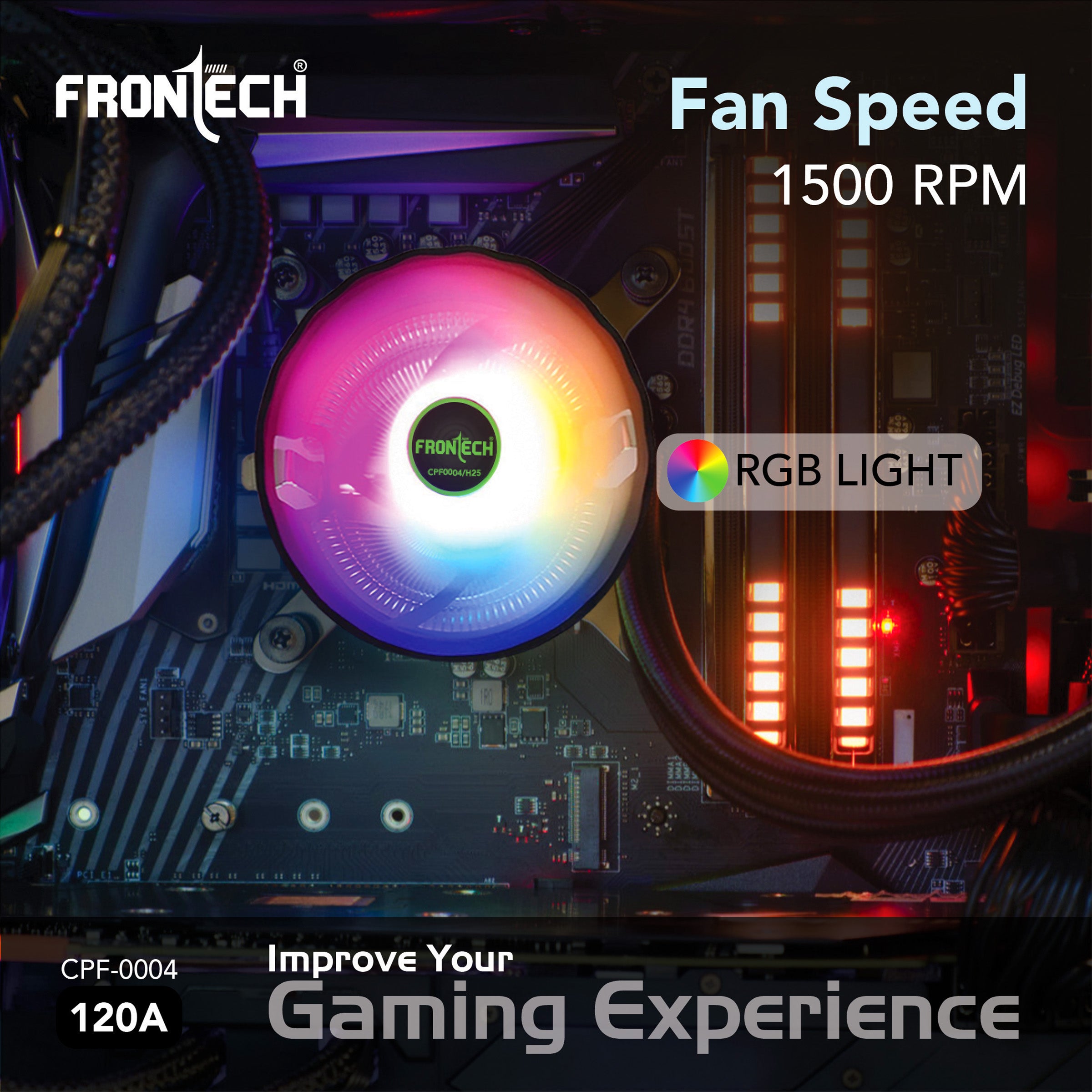 Frontech RGB CPU Cooler with Heatsink, 120mm Silent Fan, 1500 RPM, Hydraulic Bearing, 3-Pin 12V Connector, Supports Intel LGA 1700/1200/115x & AMD AM5/AM4 Sockets – (CPF-0004) Frontech RGB CPU Cooler with Heatsink, 120mm Silent Fan, 1500 RPM, Hydraulic Bearing, 3-Pin 12V Connector, Supports Intel LGA 1700/1200/115x & AMD AM5/AM4 Sockets – (CPF-0004)